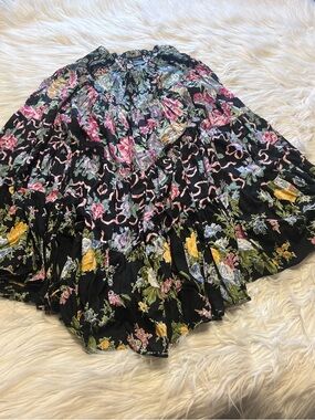 Prairie Fire - Black Floral Tiered Skirt with Pink, Yellow & Green Blooms